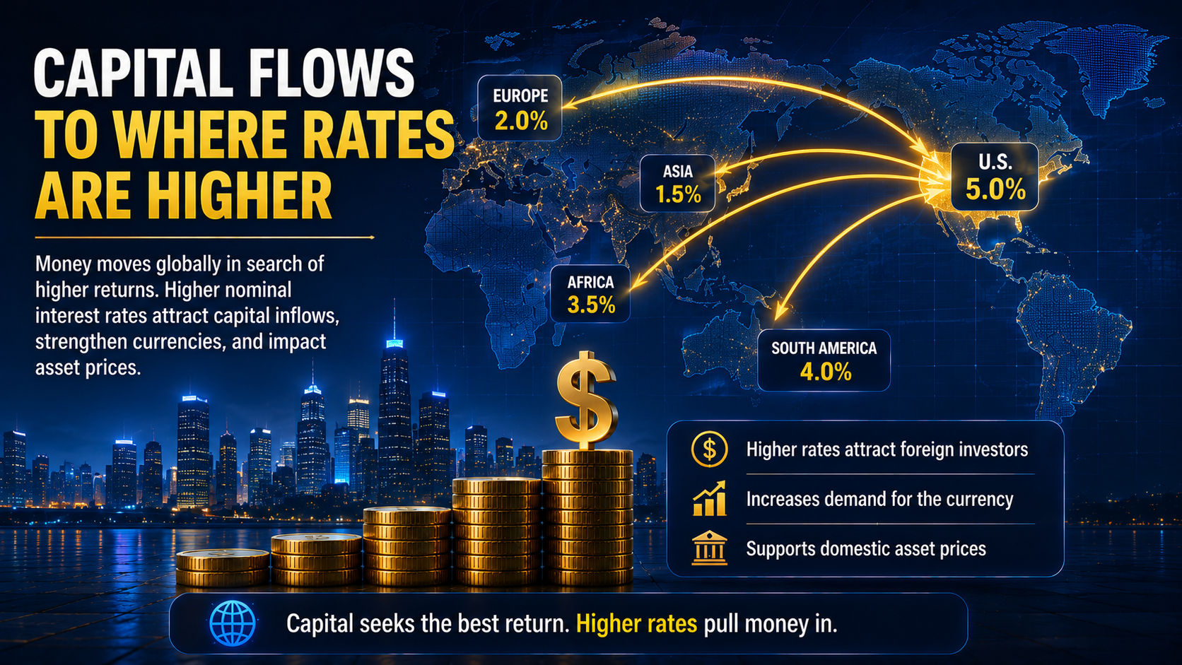 Global capital flow illustration showing money moving toward countries with higher interest rates, affecting currencies, liquidity, and financial markets.