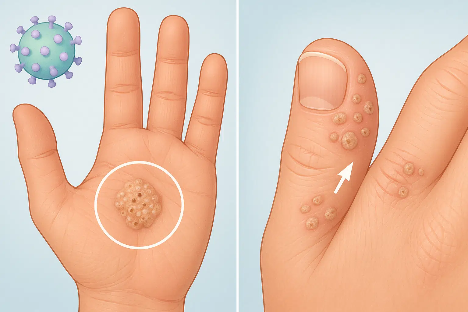 손바닥에 거친 표면과 작은 검은 점(점상 출혈)이 보이는 사마귀, 손톱 주변에도 번지는 장면