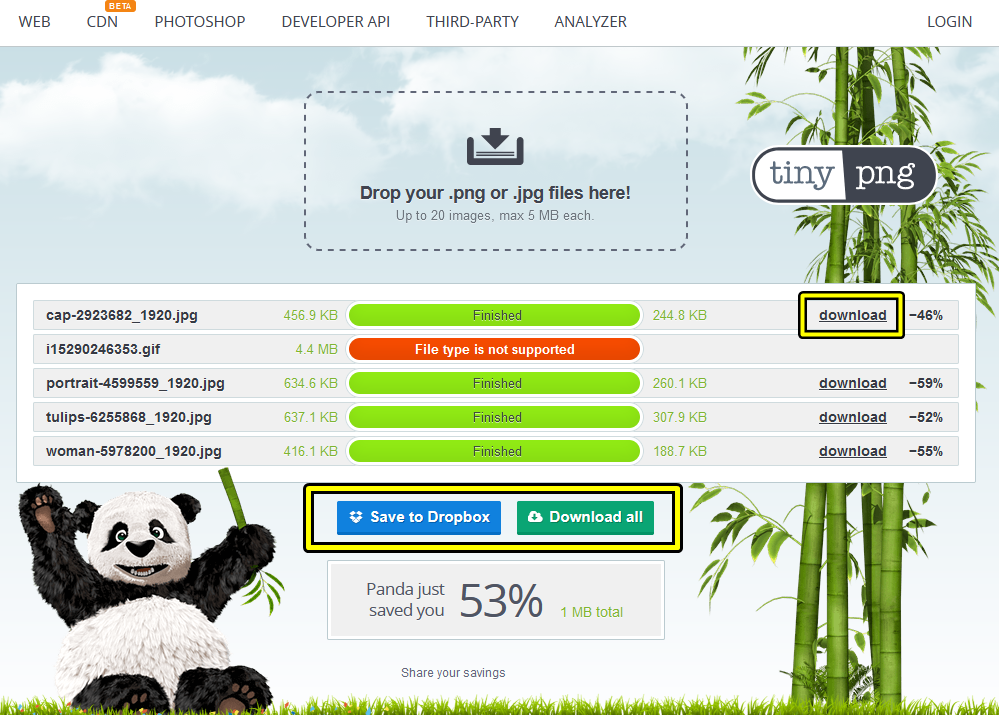 TinyPNG 변환 완료 화면