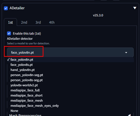 Adetailer 활성화 및 detector 종류