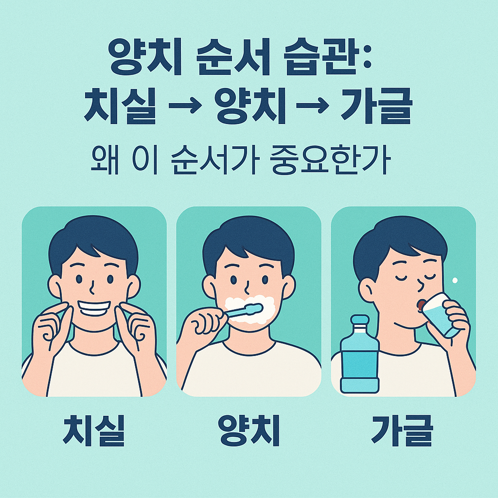양치 순서 습관: 치실 &rarr; 양치 &rarr; 가글, 왜 이 순서가 중요한가