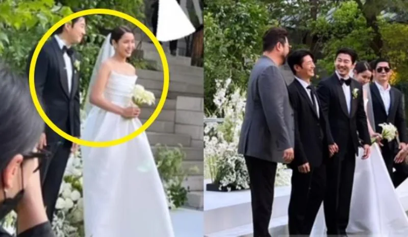 야외에서 결혼식을 올리고 있는 배우 윤계상과 차혜영