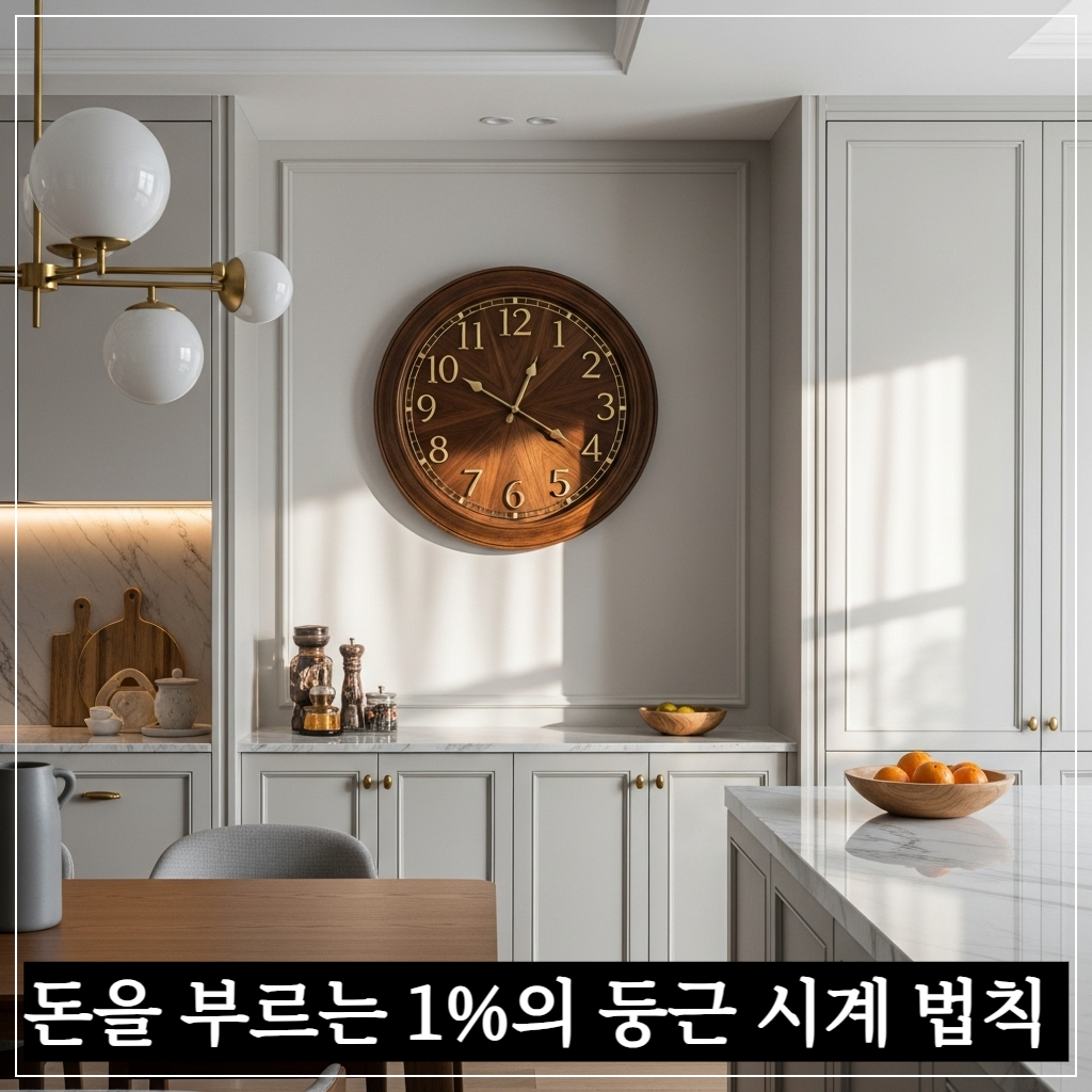 풍수적으로 이상적인 둥근 시계를 배치하여 재물운을 높인 현대적인 주방 인테리어 모습