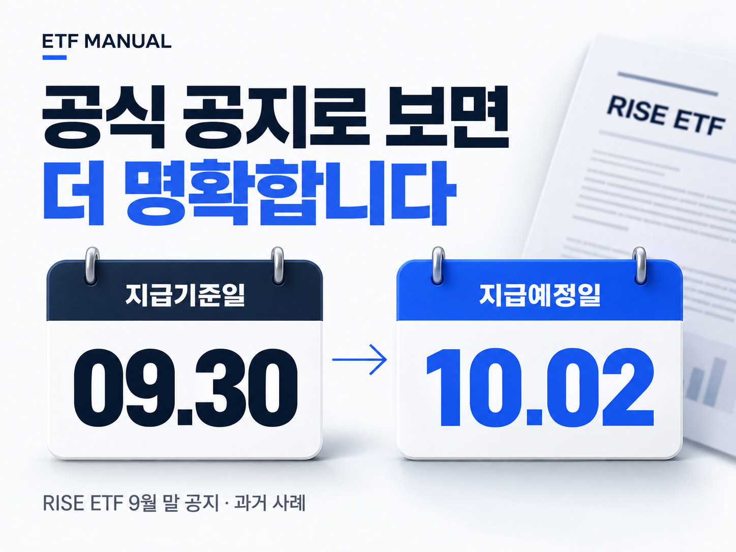 RISE ETF 2026년 9월 과거 공지 사례: 기준일 9월 30일, 지급예정일 10월 2일