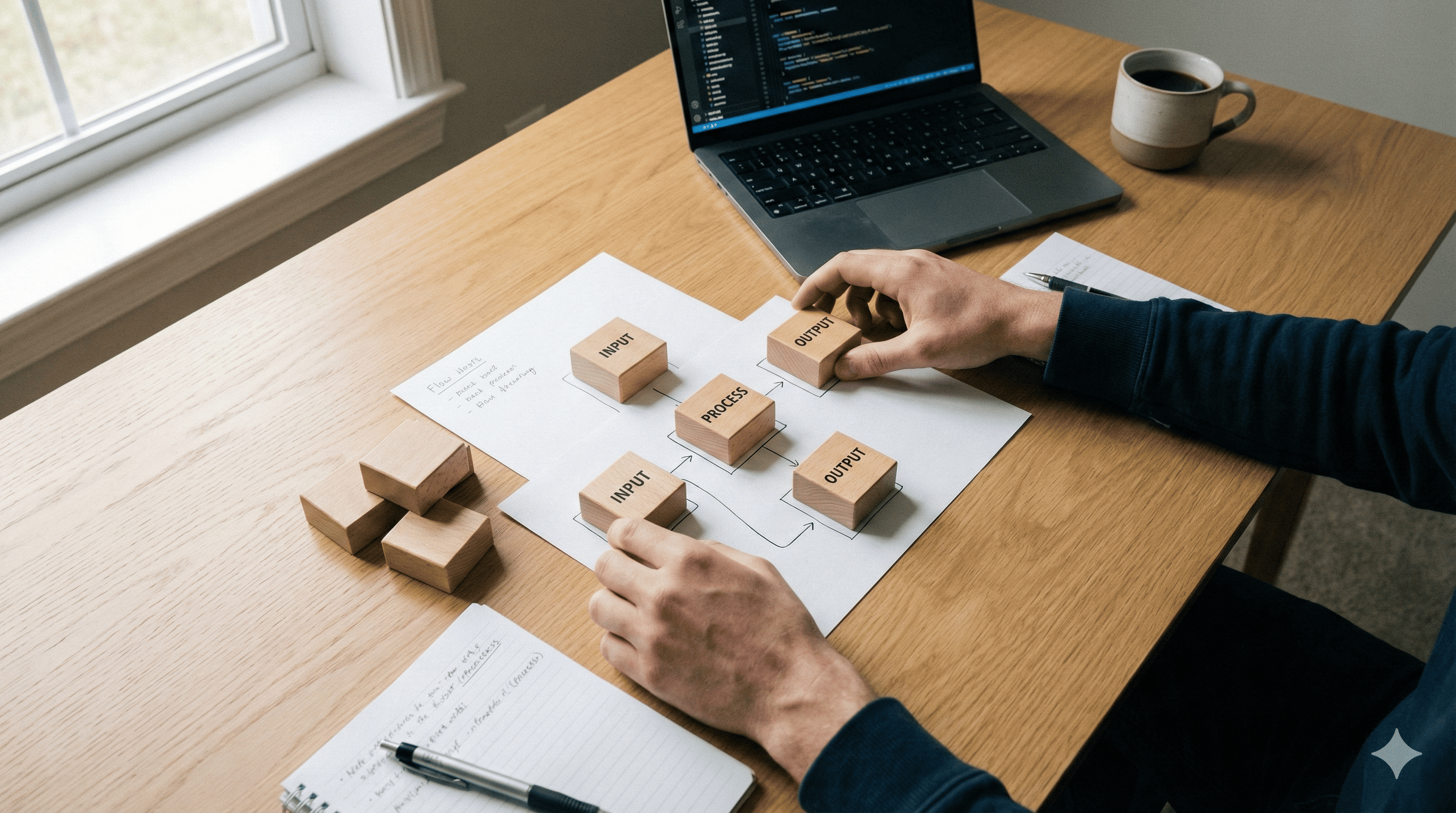 막막했던 질문을 명쾌한 설계도로 바꾸어가는 창조적인 즐거움. 논리적인 시스템을 구축하듯 프롬프트 모듈을 조립하는 전문가의 집중된 손길과 체계적인 업무 환경입니다.