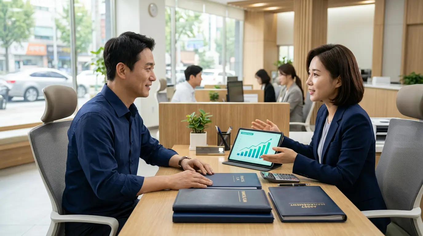 한국의 현대적인 시중 은행 창구에서 자영업자가 안전한 대환 자금 한도를 조회하며 경제적 안정을 되찾는 모습