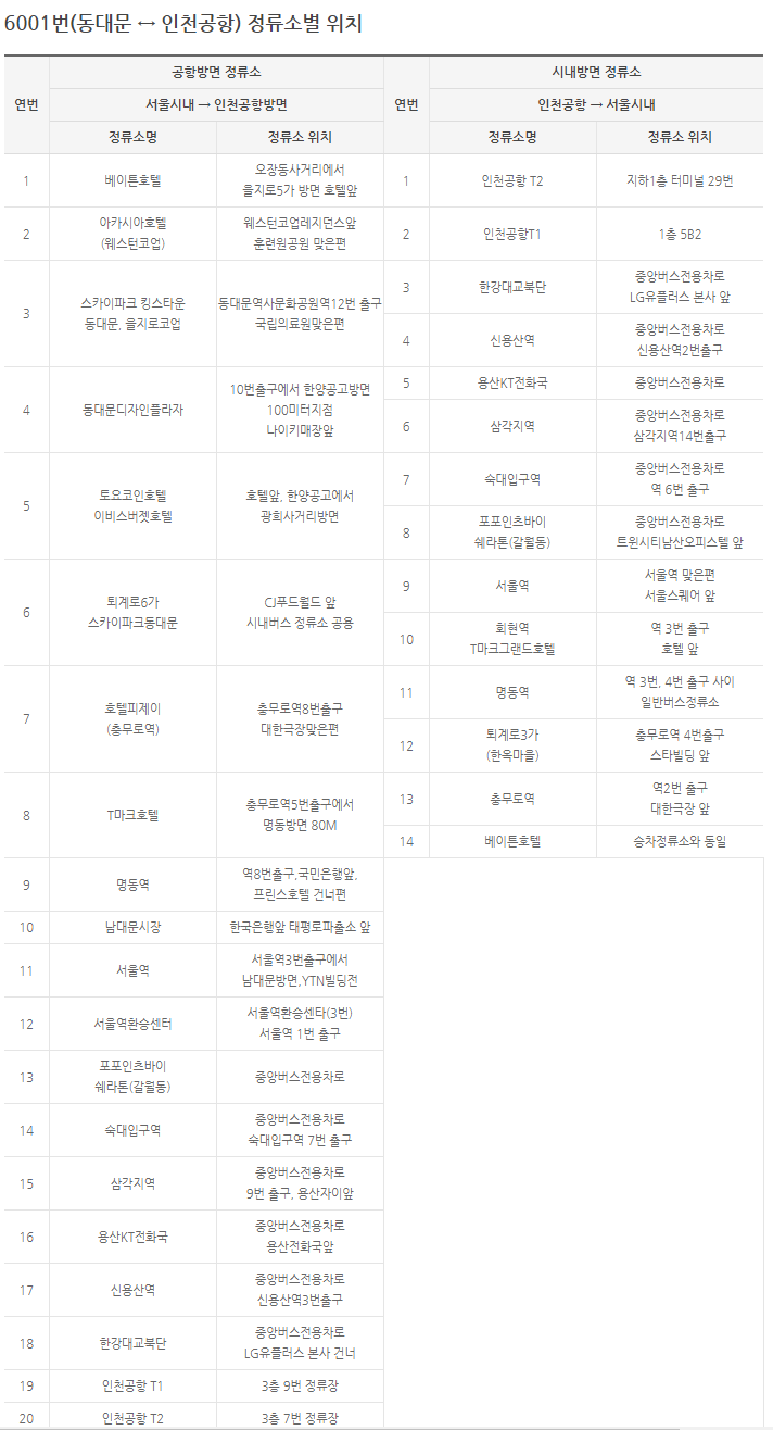 6001 공항버스 승강장 위치
