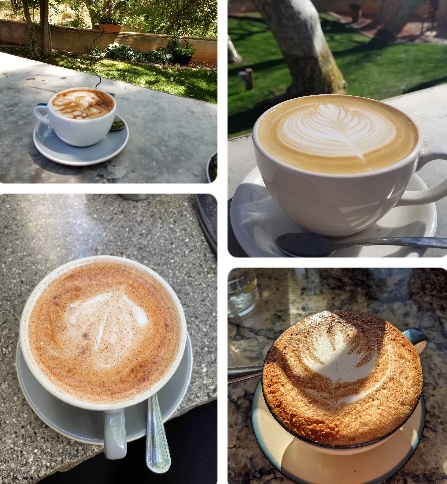 세도나 아트 마을 카페의 다양한 라떼 아트와 테라스 테이블의 감성 커피