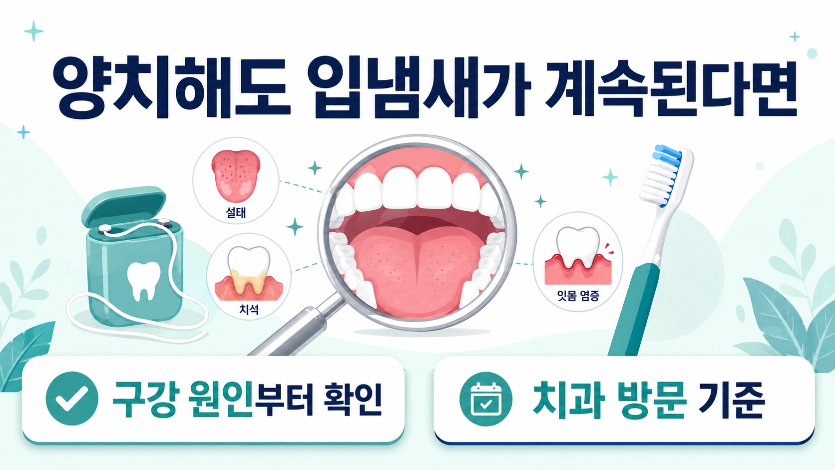 양치 후에도 반복되는 입냄새의 구강 원인과 치과 방문 기준을 보여주는 밝은 헬스케어 안내