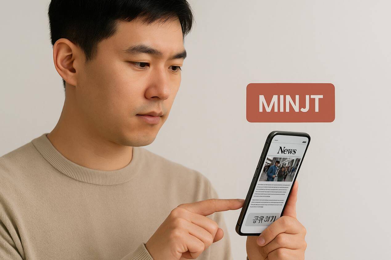 남성이 스마트폰으로 뉴스를 읽으며 화면을 터치하는 모습.