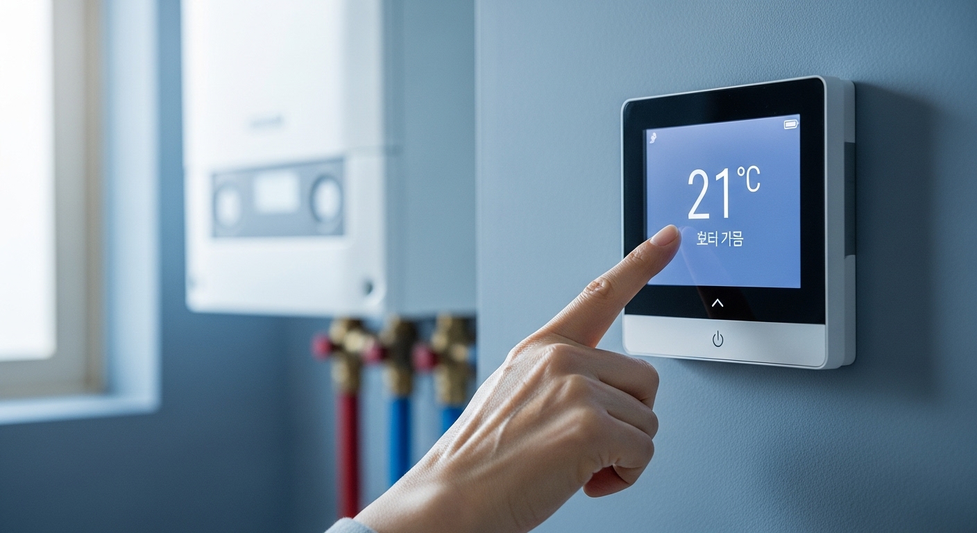 시니어의 손이 난방 온도를 조절하는 스마트 온도조절기. 효율적인 난방 기기 사용으로 난방비를 절약하는 모습을 나타냅니다.