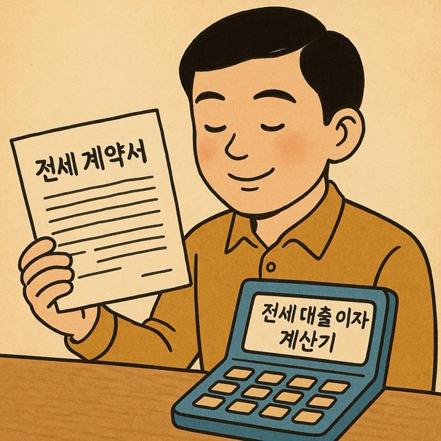 전세 계약서와 전세 대출 이자 계산기를 보며 고개를 끄덕이는 주인공