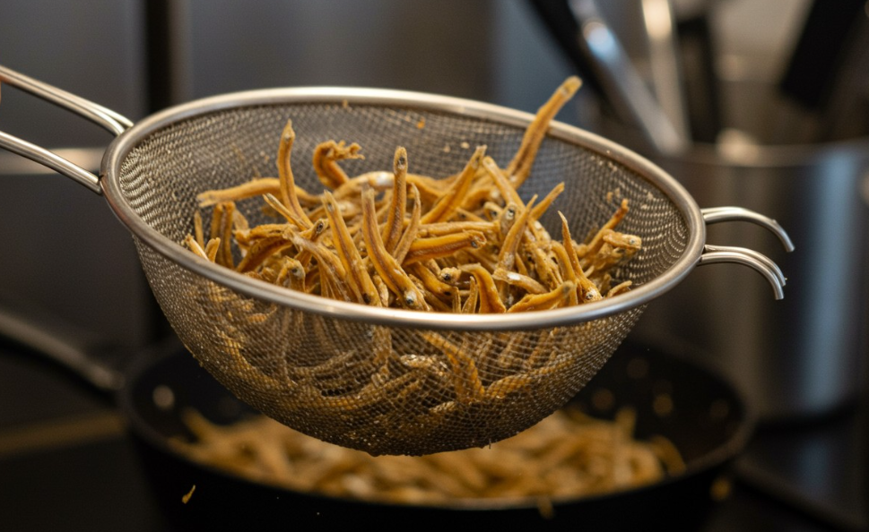 체에 담긴 잔멸치를 흔들어 가며 불순물을 제거하는 모습. 배경에는 준비된 조리 도구들이 놓여 있음.