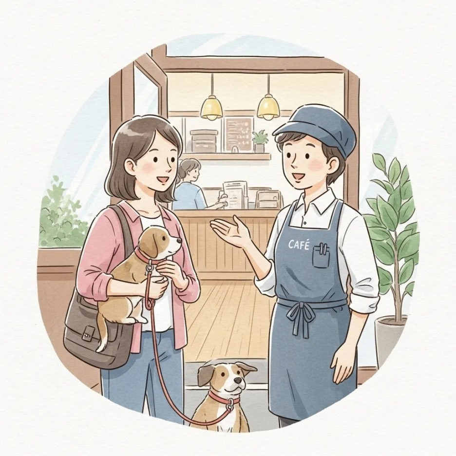 반려동물 동반 가능 여부를 확인하는 주인과 직원