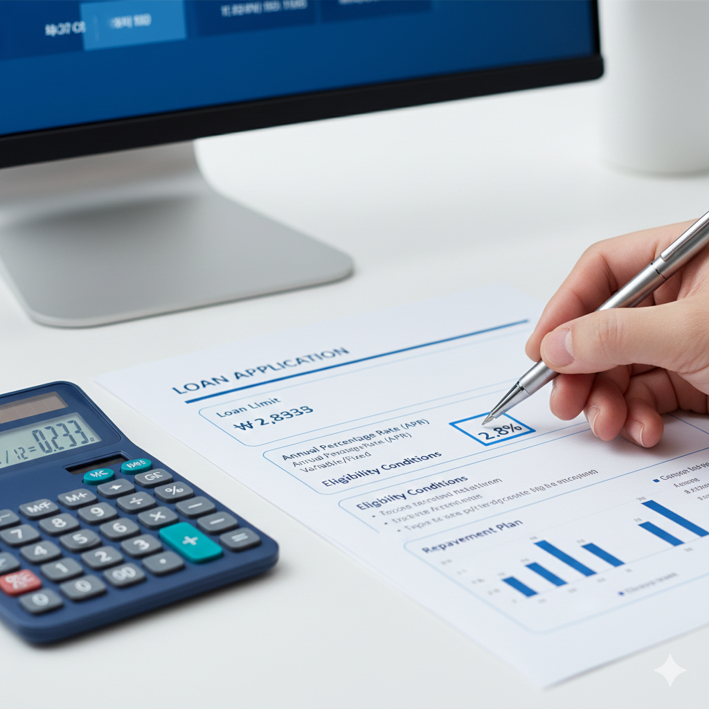 대출 신청서의 중요 항목들을 펜으로 확인하는 손. 금리, 한도, 자격 조건 등의 문구가 강조되어 있다.대출 신청서의 중요 항목들을 펜으로 확인하는 손. 금리, 한도, 자격 조건 등의 문구가 강조되어 있다. 🚫 주의: 가장 많이 하는 실수 TOP 3