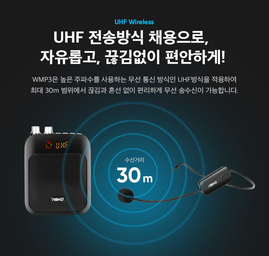 ABKO WMP3 휴대용 UHF 무선 마이크 스피커 세트