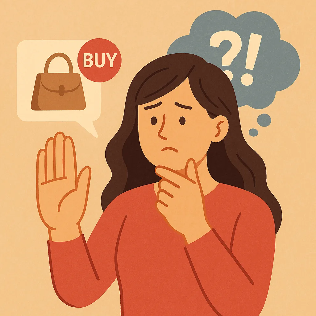 충동구매-욕구를-참으려는-여성이-쇼핑-아이콘을-바라보며-손으로-멈추라는-제스처를-하는-모습-생각-구름과-물음표가-함께-있는-장면