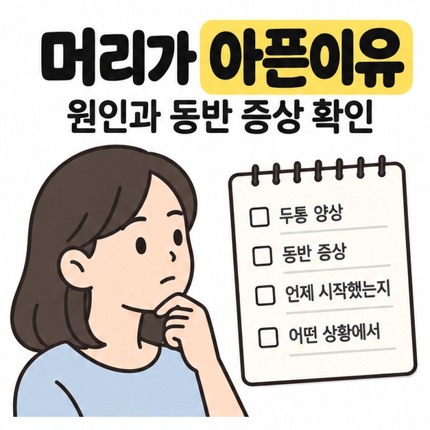 머리가 아픈이유 제목과 원인과 동반 증상 확인 문구 아래 생각하는 인물과 두통 양상 및 동반 증상을 적는 메모가 보인다.