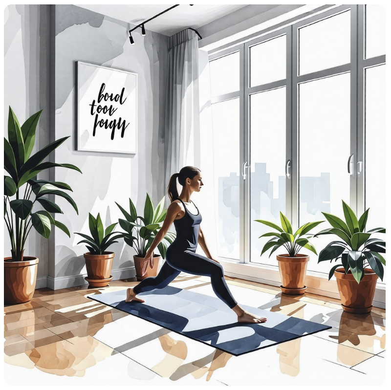 실내에서 운동복을 입고 요가매트 위에서 요가하는 사람의 모습