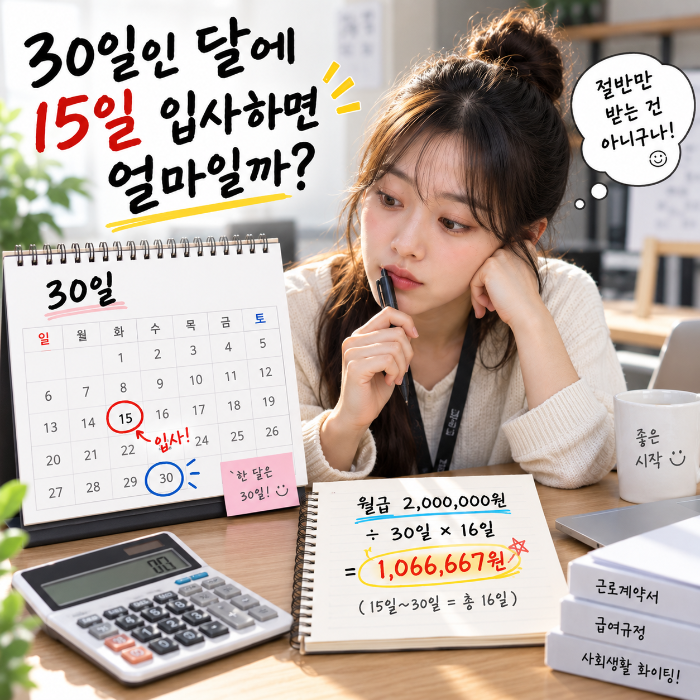 30일인 달에 15일 중도입사 시 월급 200만원을 16일분으로 일할계산해 약 1,066,667원이 되는 과정을 보여주는 이미지
