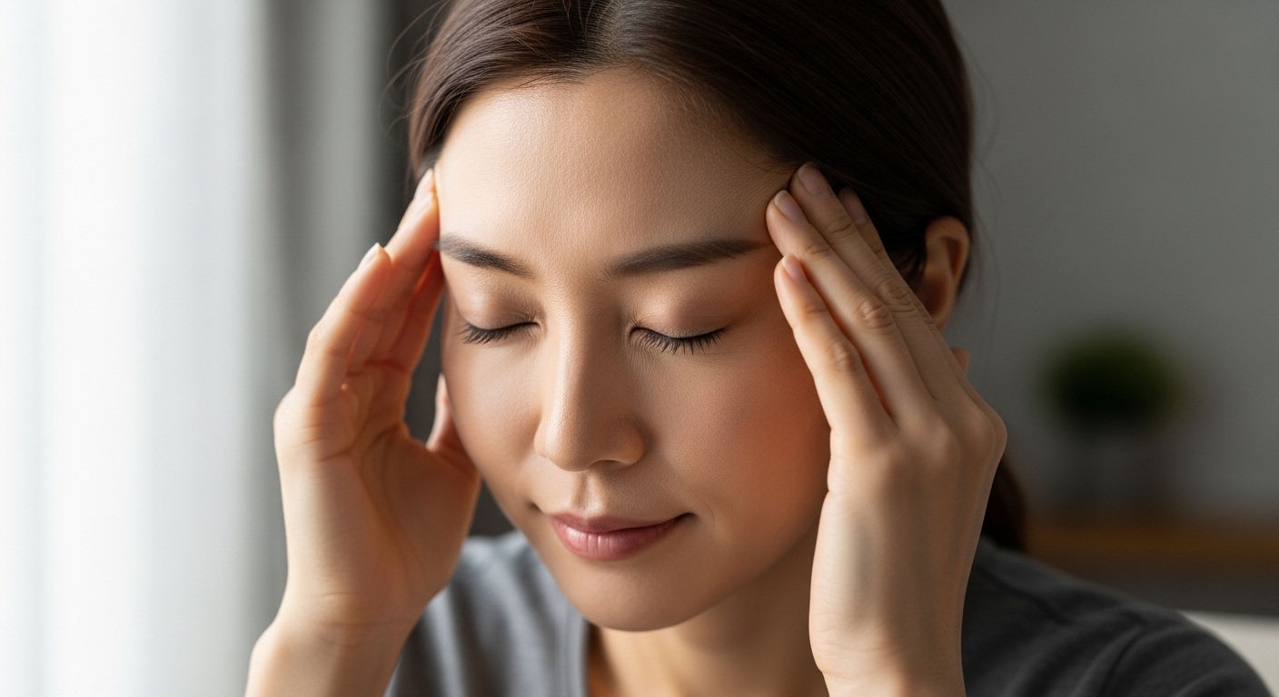 실내에서-관자놀이를-부드럽게-마사지하는-한국-여성