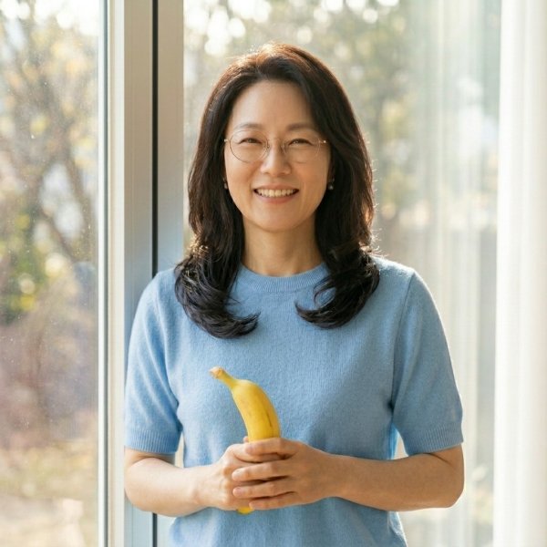숙면을 위해 아침 햇살을 즐기며 바나나를 들고 있는 건강한 50대 여성