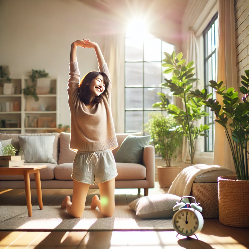 기지개를 펴며 즐거워하고 있는 여자