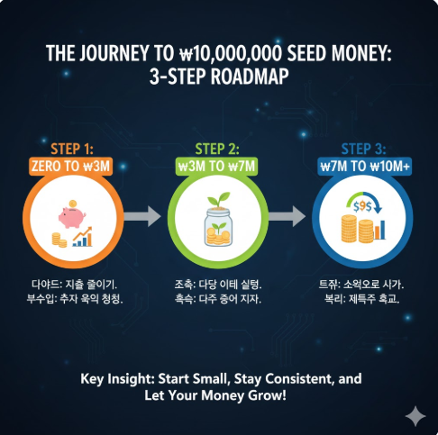월급 0원에서 1000만원 시드머니를 만들기까지의 지출 통제, 시드머니, 자동화 3단계를 보여주는 로드맵 다이어그램