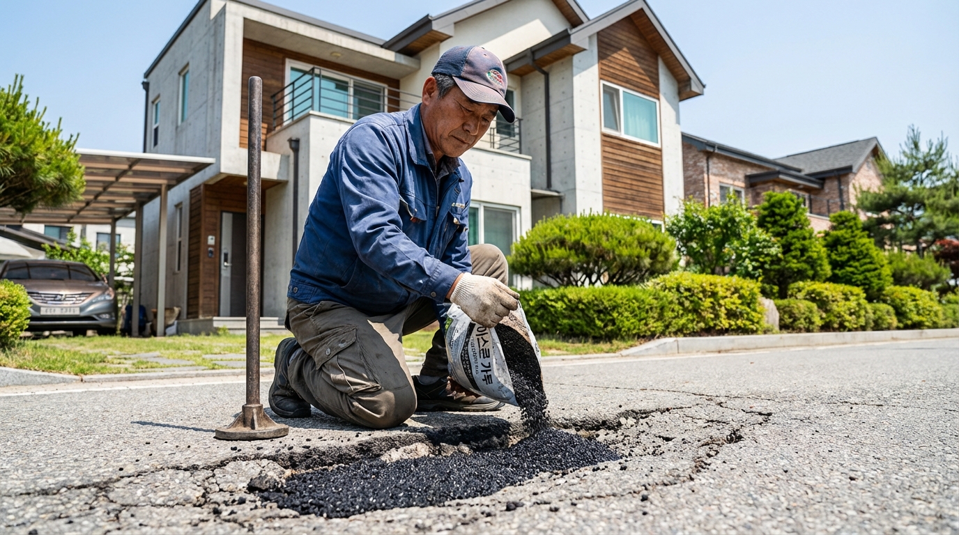주차장 바닥 아스콘 균열 보수제로 보수 하고 있는 모습