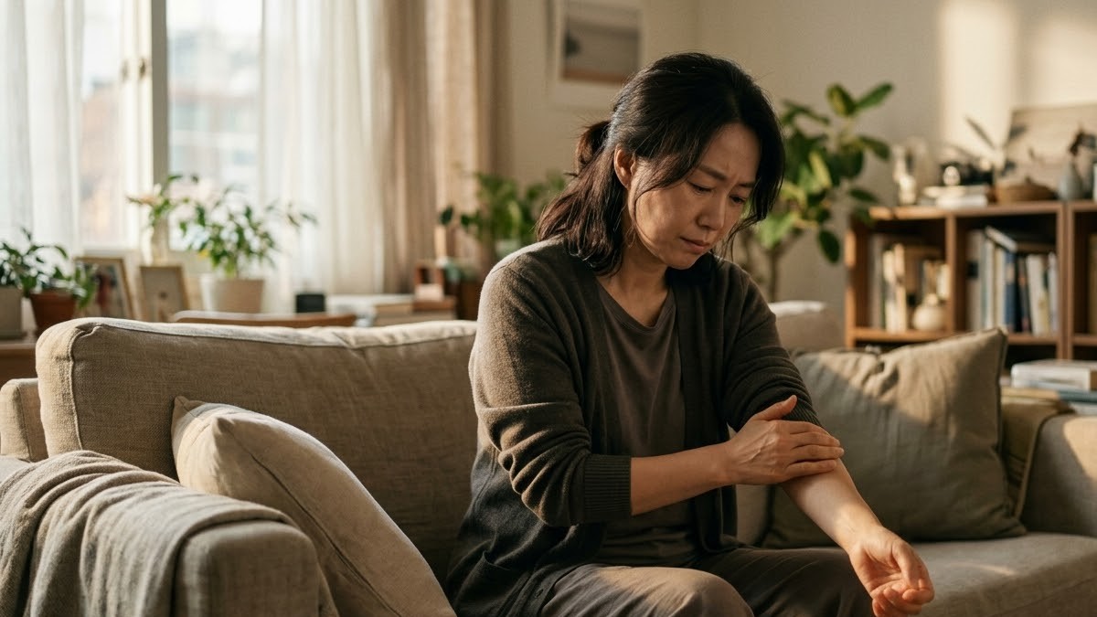 한쪽 팔 저림 때문에 팔뚝을 주무르는 40대 여성