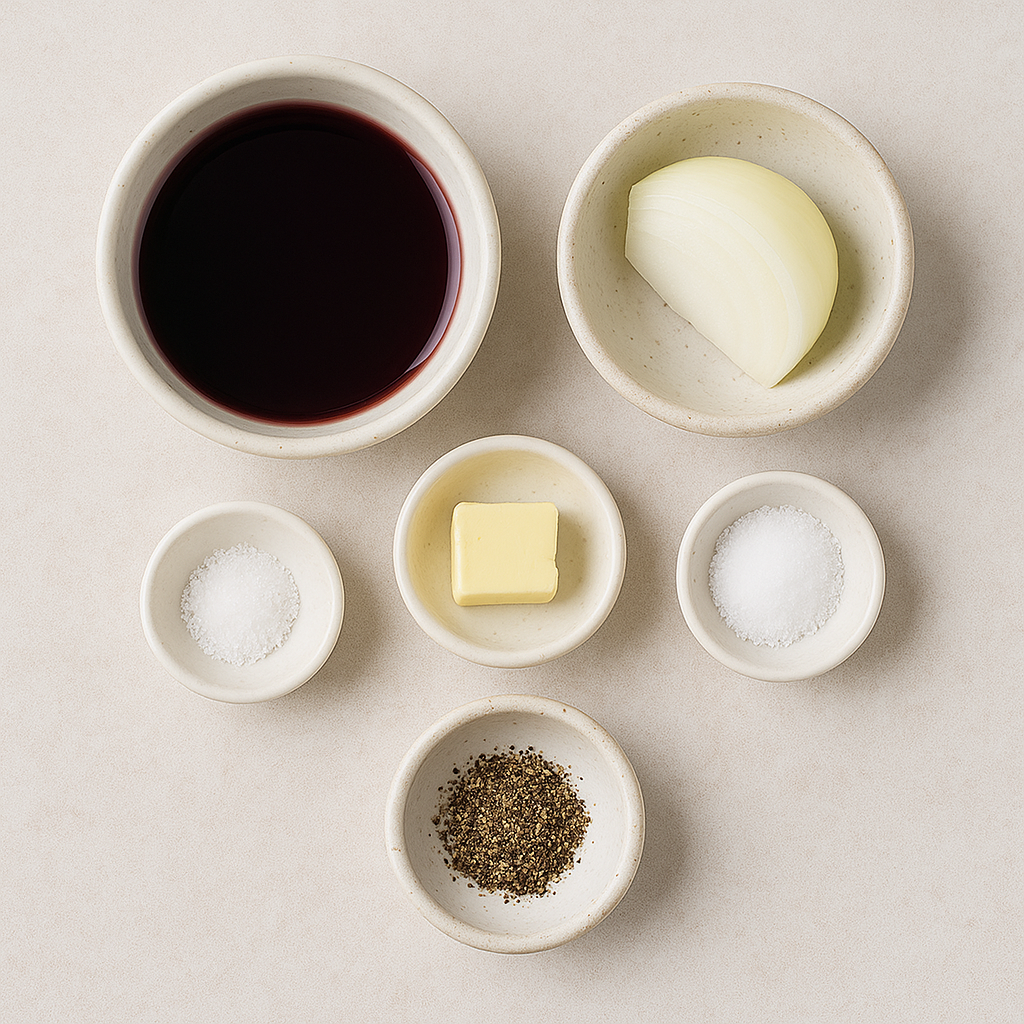 레드와인 1/2컵, 양파 1/4, 버터 1작은술, 설탕 1작은술, 후추, 소금