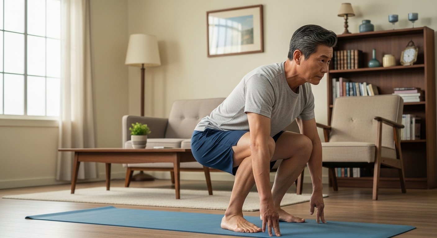 요가매트 위 전신 홈트 중인 50대 남성
