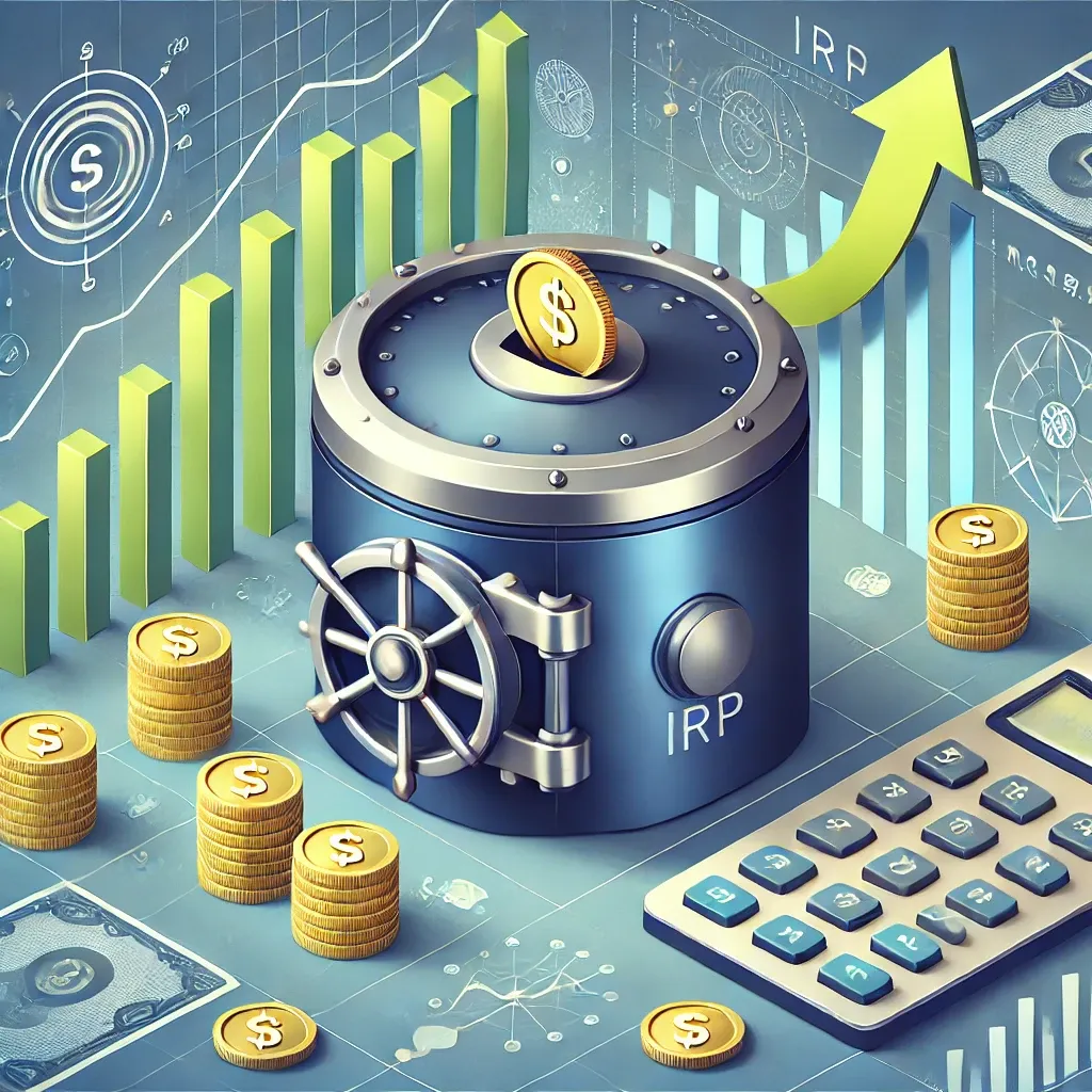 금융 그래프와 동전으로 표현된 IRP(개인형 퇴직연금) 계좌