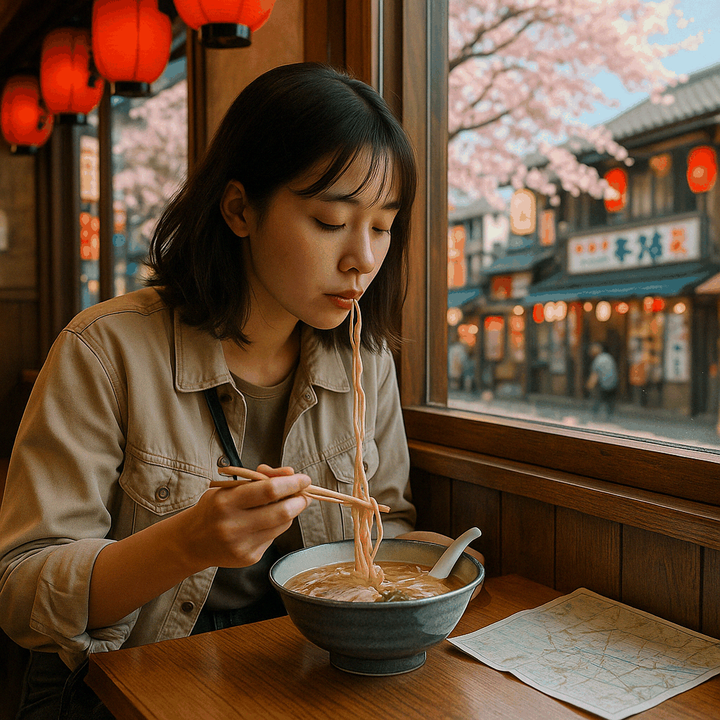 창밖으로 벚꽃이 흐드러진 전통 거리 풍경을 배경으로 라멘 카운터에 앉아 혼자 식사에 몰입한 젊은 여성의 모습