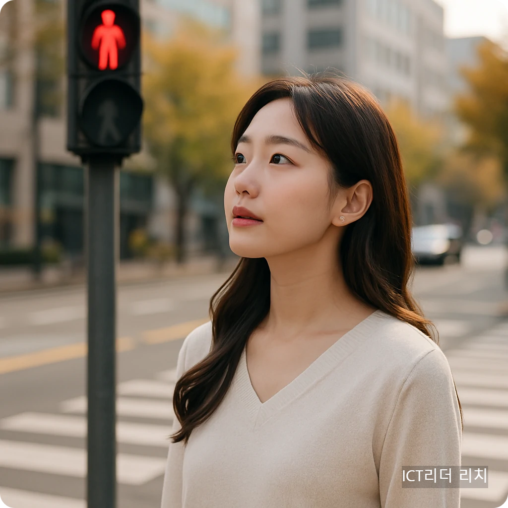 가을 도심 횡단보도 앞에서 신호등을 바라보는 세련된 젊은 여성