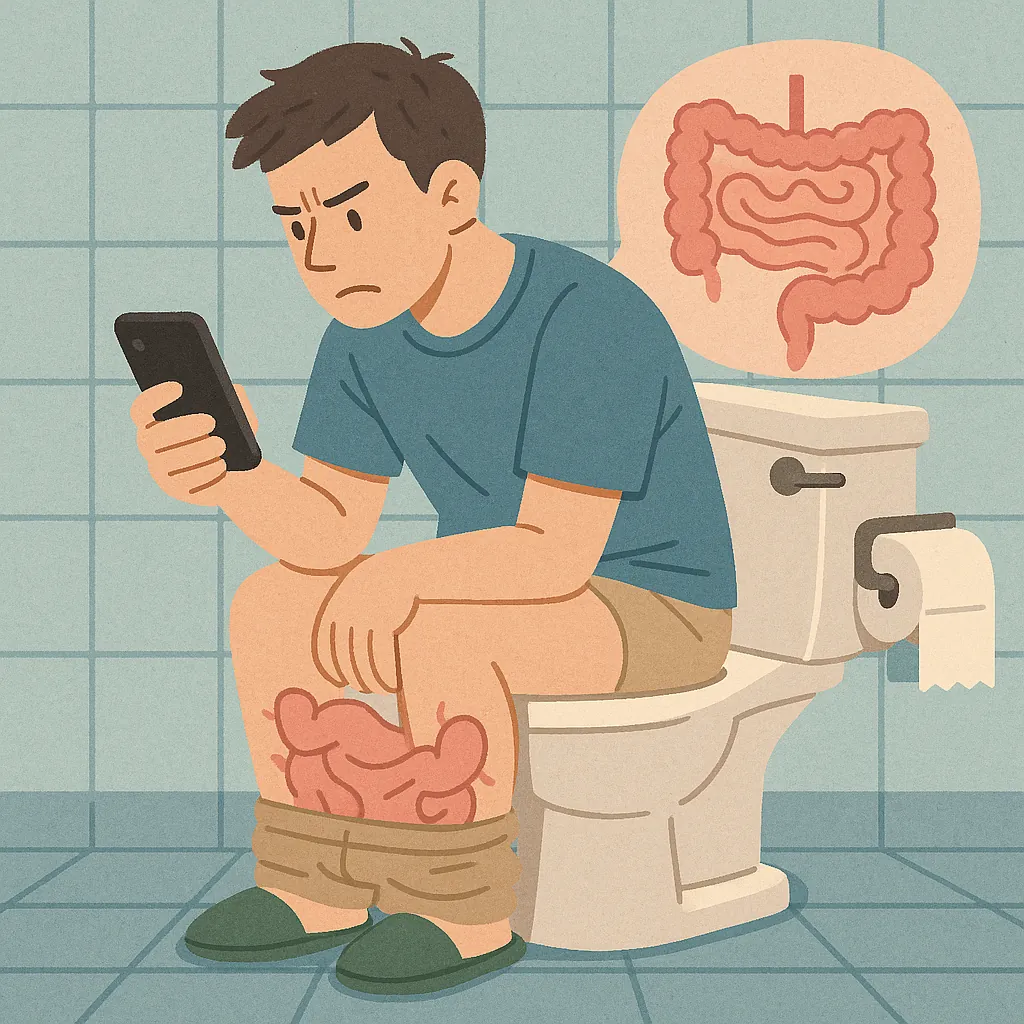 화장실-에서-핸드폰을-보는-습관이-장의-건강에-미치는-영향을-묘사한-일러스트로-변기-에-앉아-스마트폰을-보는-남성과-장기-그림이-함께-표현됨