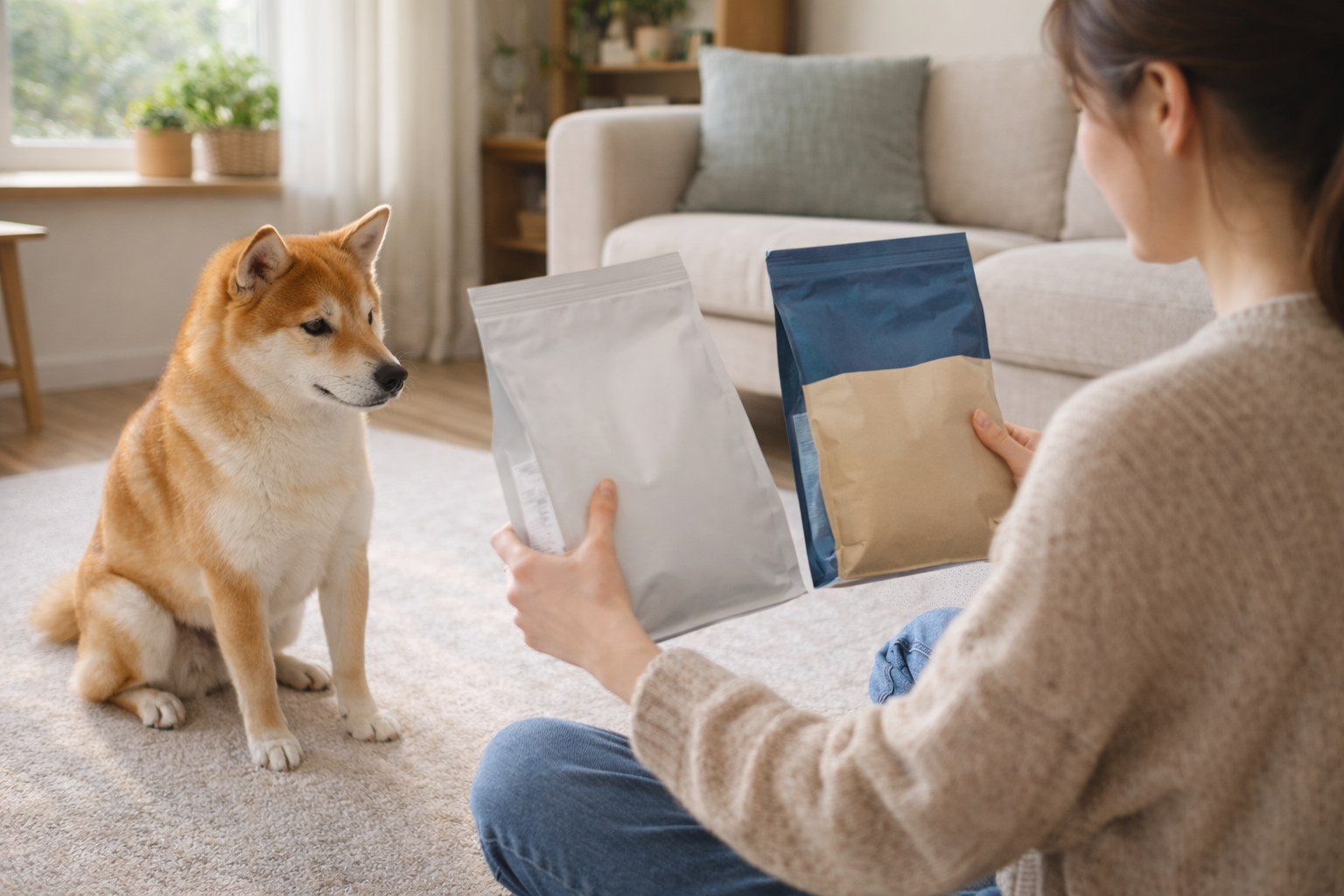 강아지 먹이를 고르는 여성과 시바견 이미지