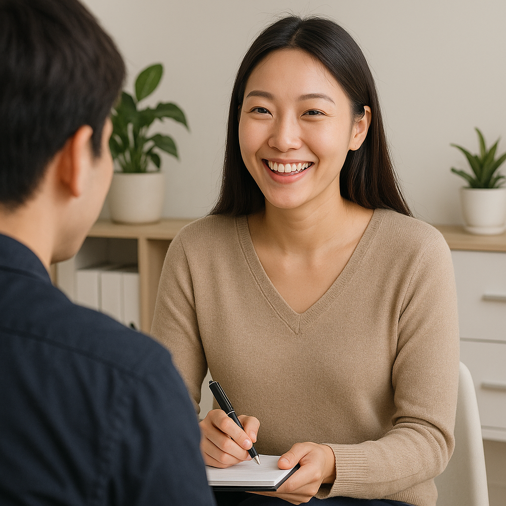 사회복지사가 웃으며 클라이언트와 대화하는 모습