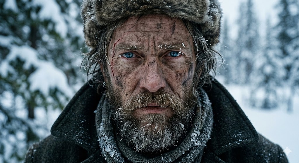 상처투성이 얼굴과 헝클어진 수염을 한 채 카메라를 정면으로 응시하며 깊은 여운을 남기는 주인공의 마지막 표정