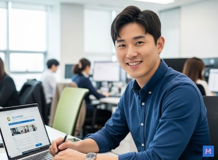 계약직 근로자가 사무실에서 노트북으로 고용지원금 신청 사이트를 확인하며 미소짓고 있는 모습 via canva