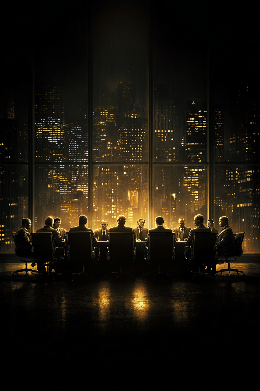 회의실 속 정장 차림의 인물들과 긴장된 표정