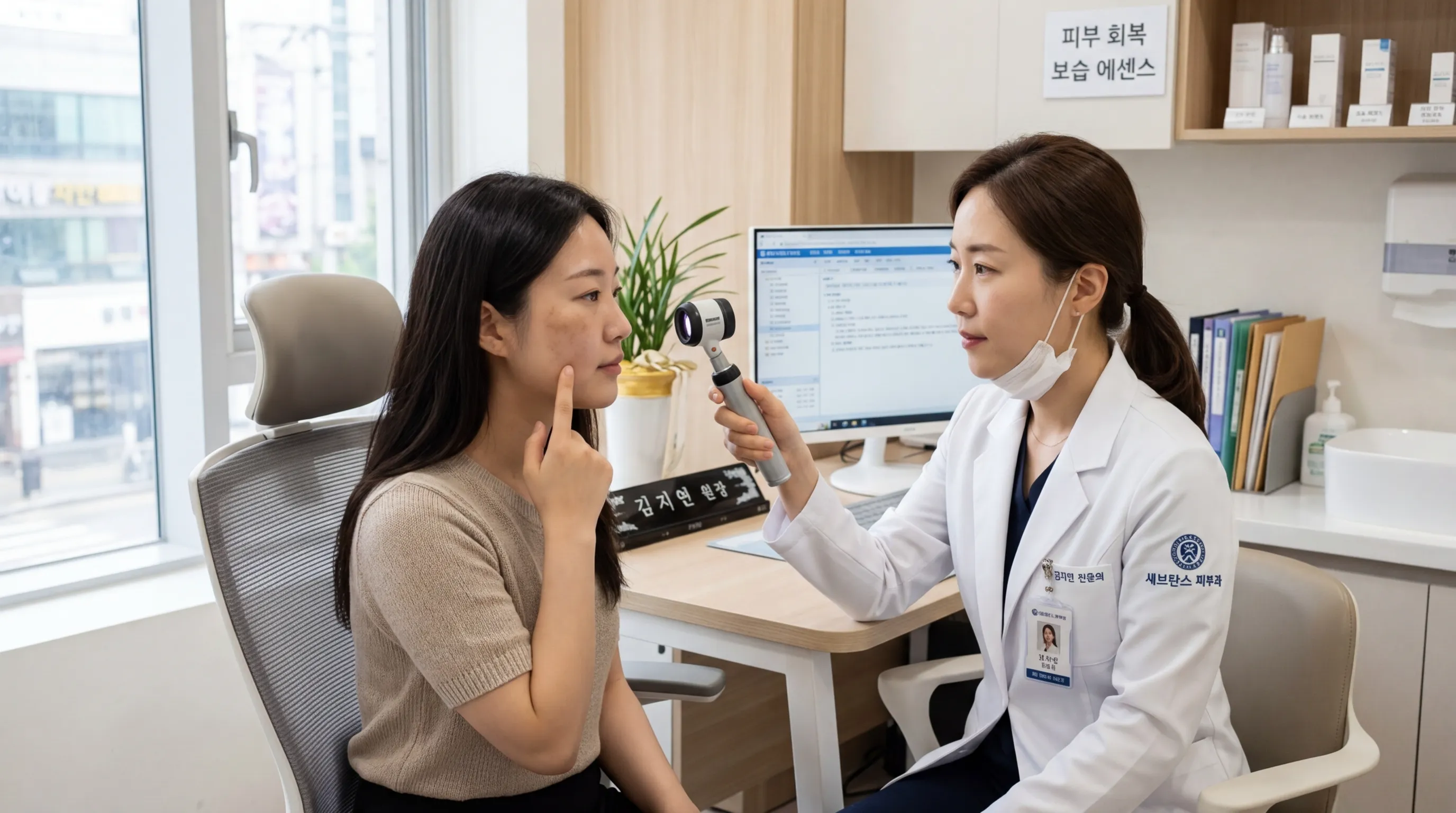기미 상담을 위해 피부 상태를 확인하는 진료 장면