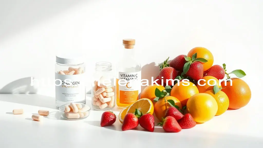 하얀 탁자 위에 콜라겐과 비타민C 병과 그 옆에는 비타민 C가 풍부한 딸기, 감귤류가 놓인 이미지.