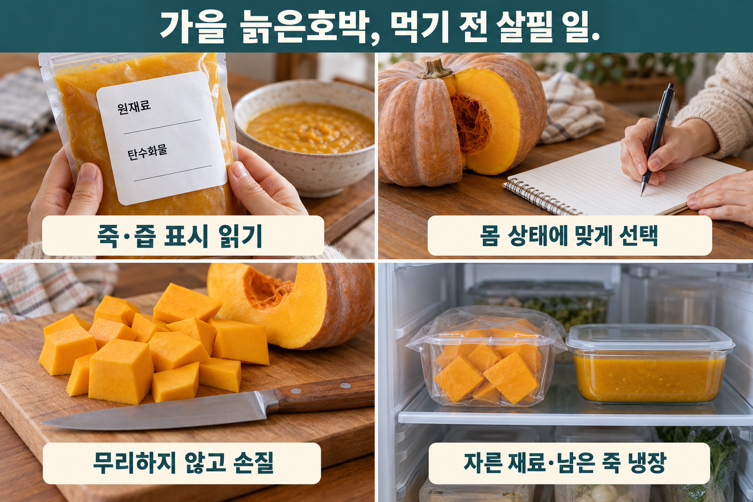 죽·즙 표시 읽기·몸 상태에 맞게 선택하기·무리 없는 손질·자른 재료와 남은 죽 냉장의 네 장면.