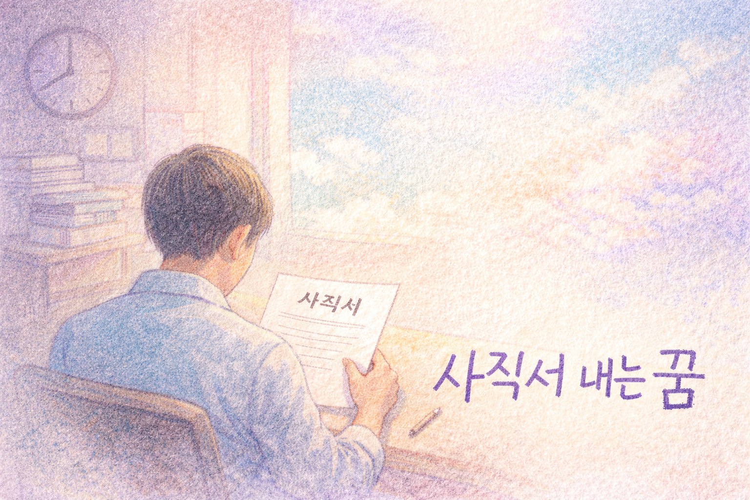 색연필 느낌으로 그린 사직서를 바라보는 사람의 꿈해몽 일러스트