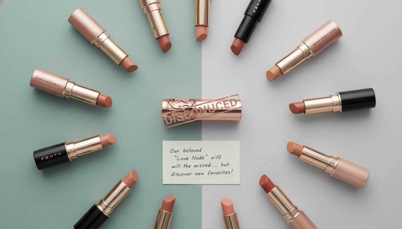 입생로랑 러브누드 립스틱과 다양한 브랜드의 누드 립스틱 대체품들이 놓인 평온한 이미지.