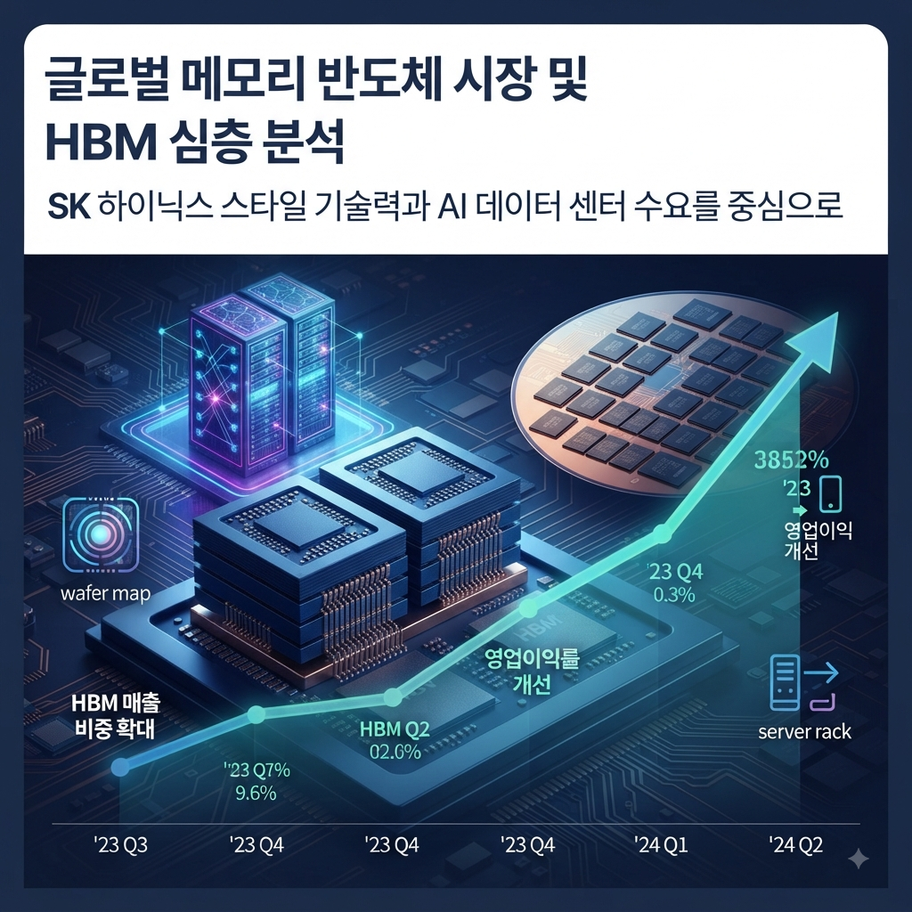 SK하이닉스의 HBM과 DRAM 사업 및 사상 최대 실적을 보여주는 반도체 분석 이미지