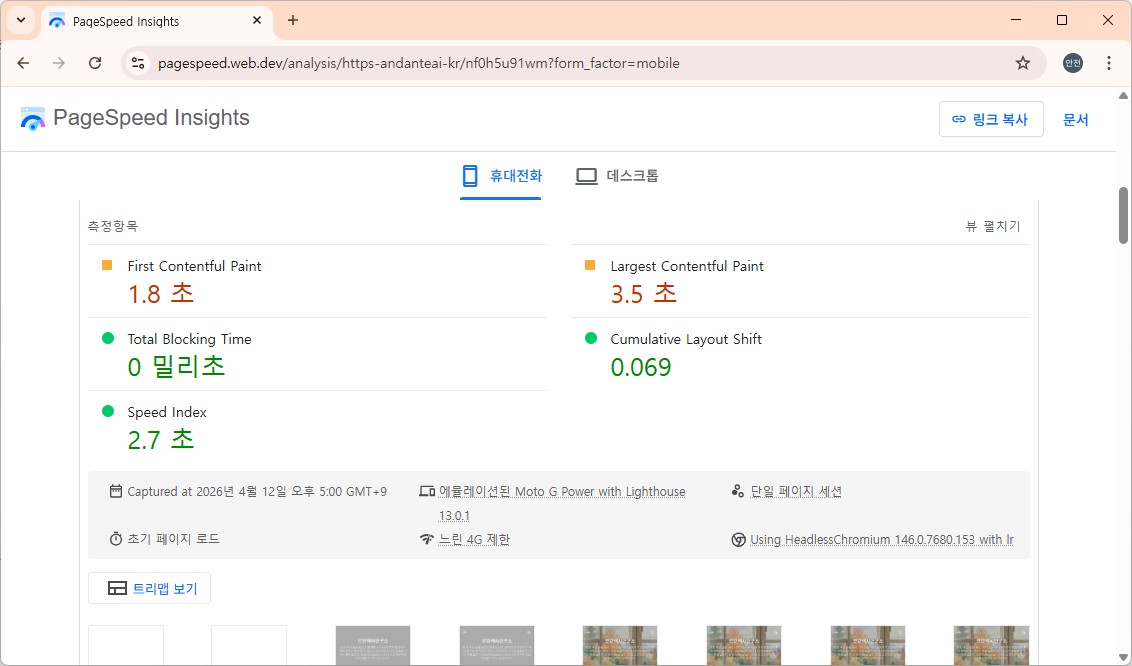 구글 페이지 스피드 인사이트 결과 화면 캡처