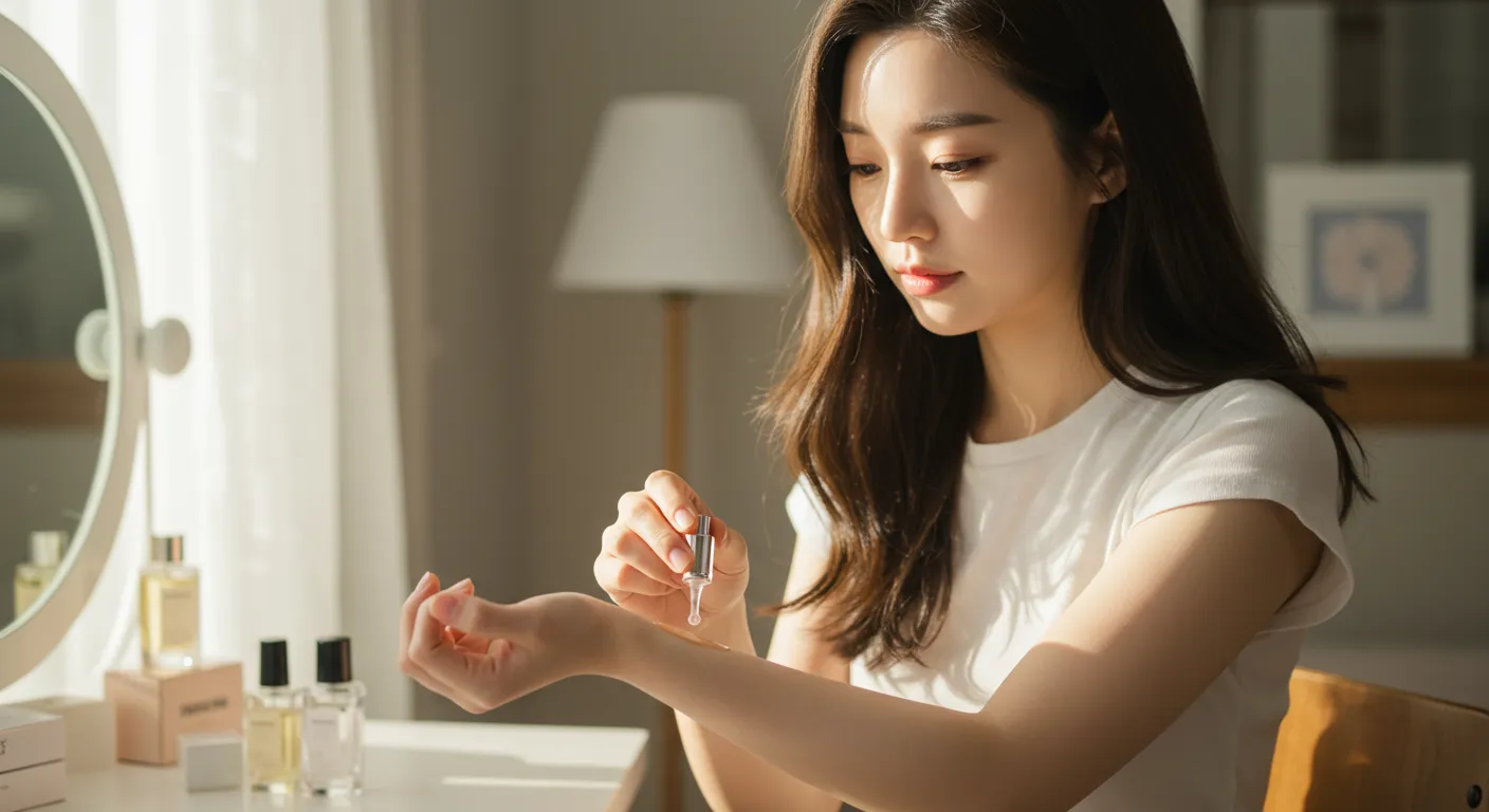 팔 안쪽 손목에 향수를 소량 바르며 패치 테스트를 하는 모습