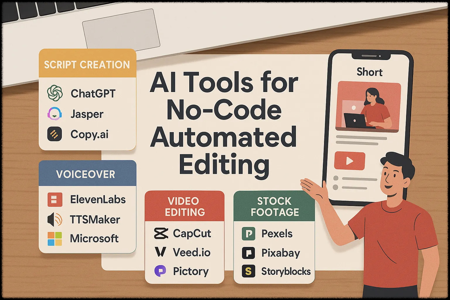 쇼츠 제작에 활용되는 다양한 AI 편집 도구들이 노코드 방식으로 정리된 이미지